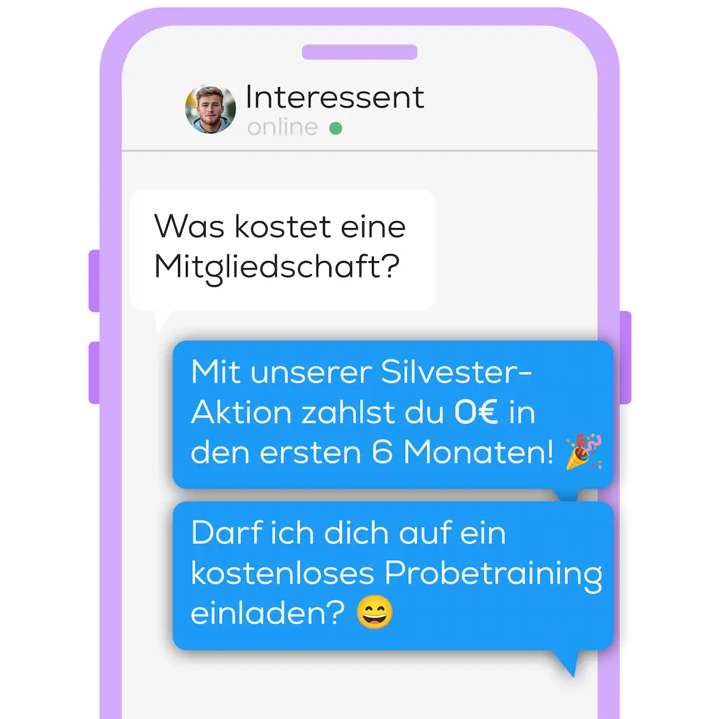Ein Chat, der mit Hilfe der ezyaa Customer Service KI beantwortet wird. Dabei fragt ein Interessent ein Fitnessstudios nach den Kosten einer Mitgliedschaft und bekommt automatisiert das aktuelle Silvester-Angebot des Fitnessstudios beschrieben.